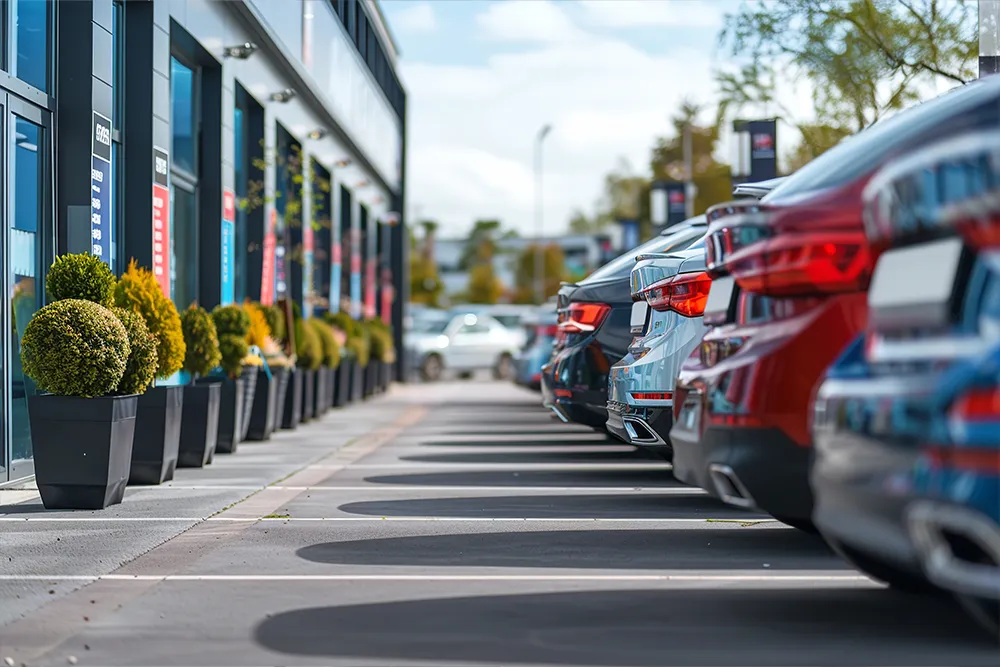 Rând de mașini noi, de culori și modele diferite, parcate la un dealer auto, disponibile în leasing operațional la Moov